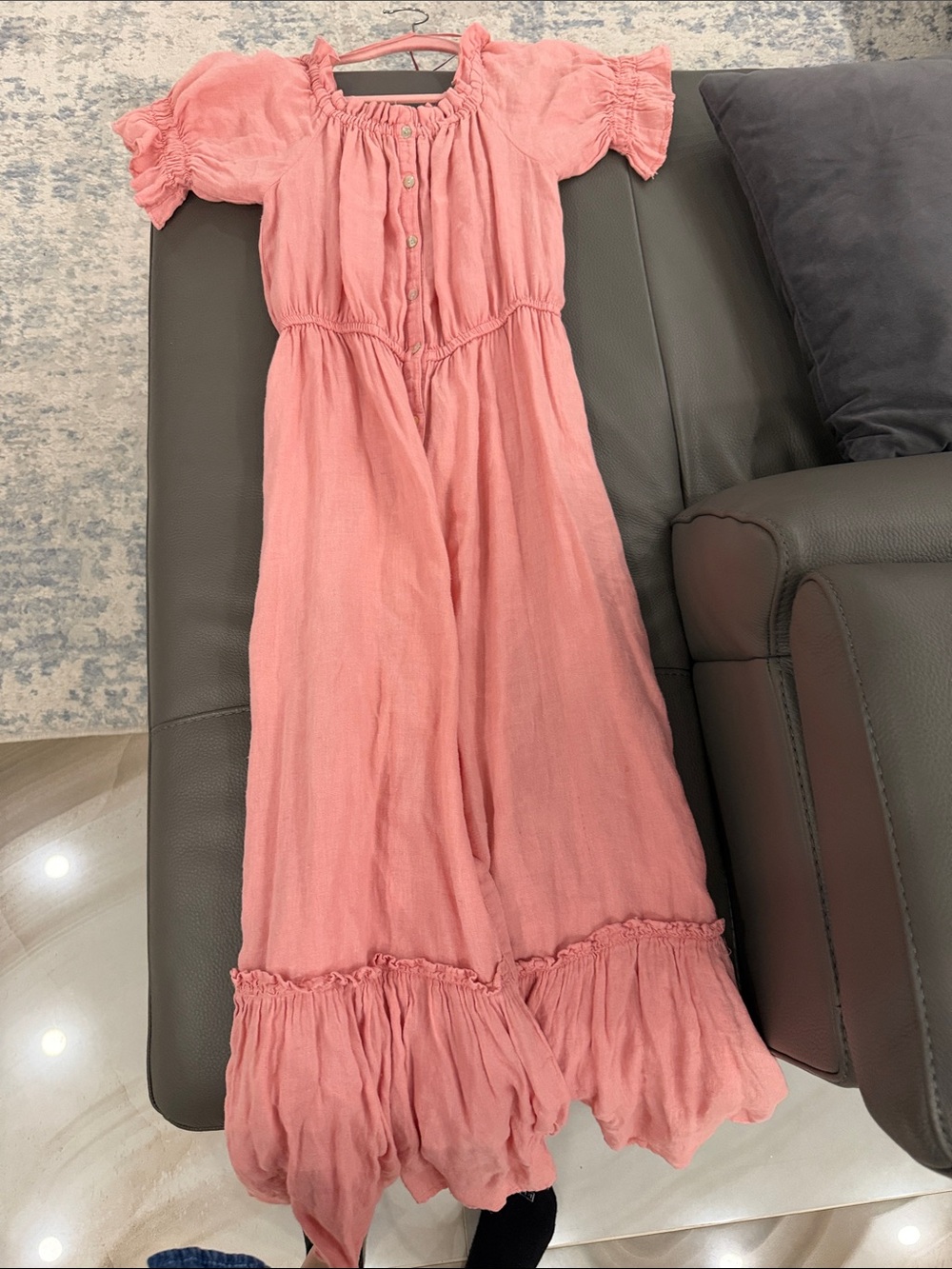 Zara Peach Button-Front Maxi Dress with Ruffle Hem.